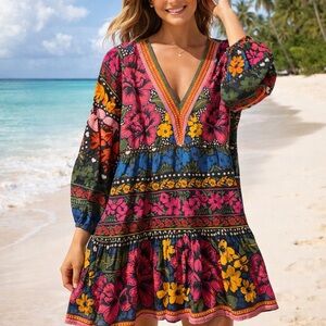 FARM Rio Multi-Color Floral V-Neck Swim Coverup